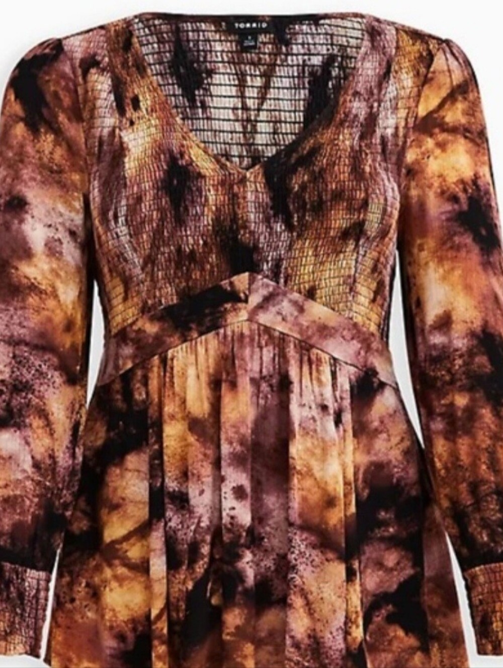 Torrid Women's Brown & Black Tie-Dye V-Neck Smocked Top